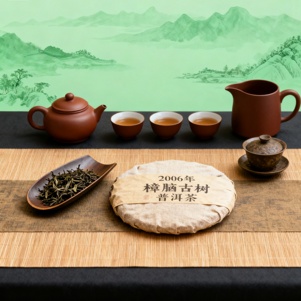 Traditional Chinese tea set with a 2006 Pu-erh tea cake, teapot, cups, and loose tea leaves on a bamboo mat with mountain painting backdrop.