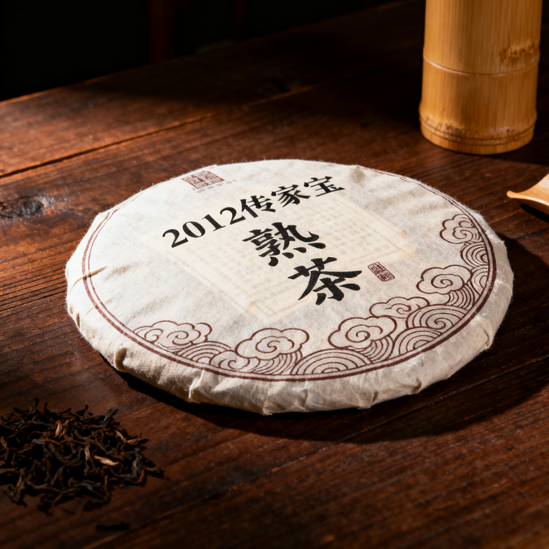 Compressed 2012 cooked Pu-erh tea cake with dark leaves