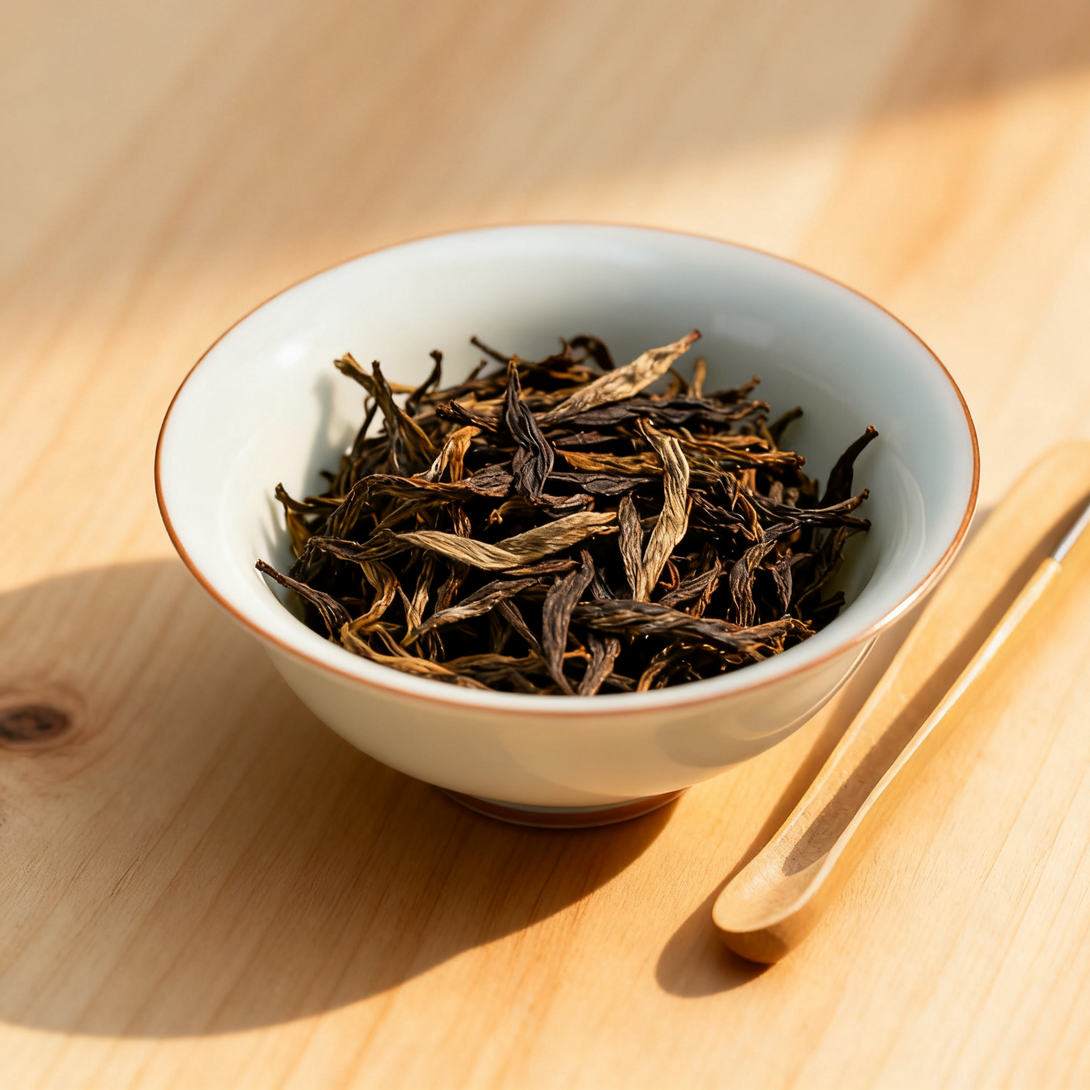 White ceramic bowl with loose dried Pu-erh tea leaves and wooden scoop on a light wooden surface