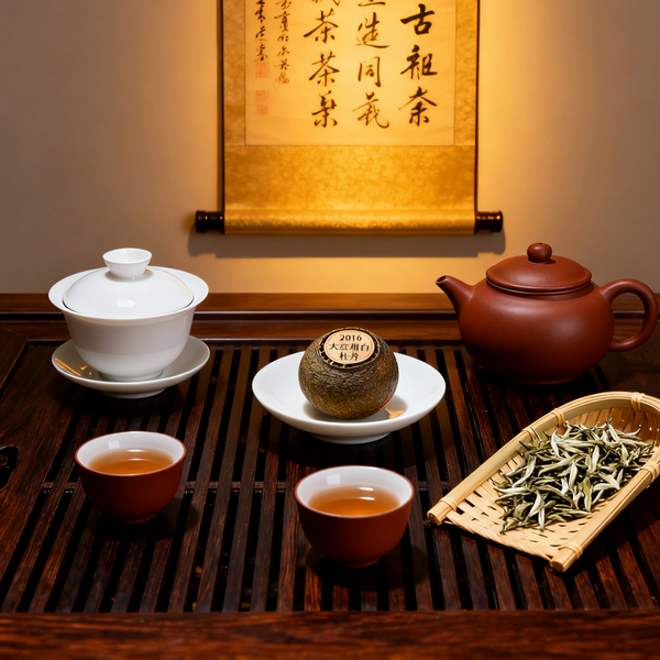 Tea ceremony scene featuring Yixing teapot, white porcelain gaiwan, and 2016 Da Hong Gan Bai Mudan tea