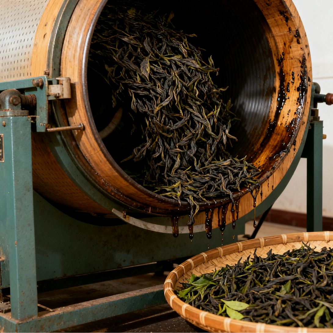 Processed tea leaves being unloaded from a tea roasting machine into a woven basket.