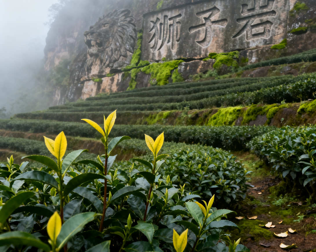 A misty tea plantation with neatly arranged terraces, with a close-up of bright, young tea leaves in the foreground. The background features a carved stone lion sculpture on the cliff, with lush greenery and mist flowing over the hills.