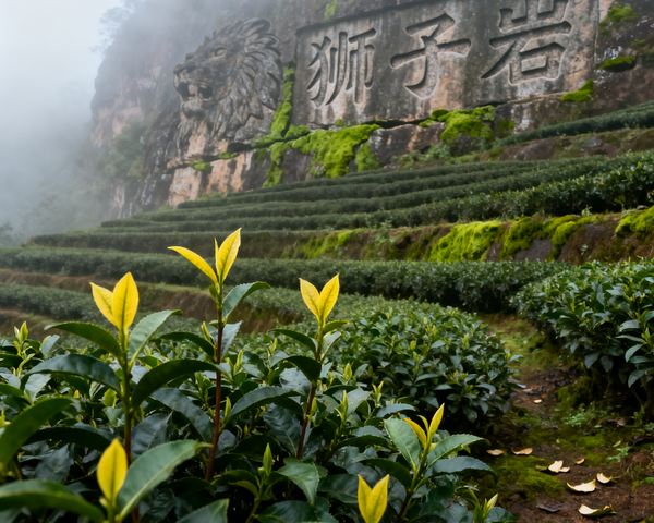A misty tea plantation with neatly arranged terraces, with a close-up of bright, young tea leaves in the foreground. The background features a carved stone lion sculpture on the cliff, with lush greenery and mist flowing over the hills.