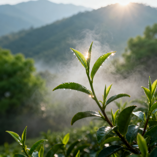 Close-up of fresh tea leaves with mist and mountains in the background.