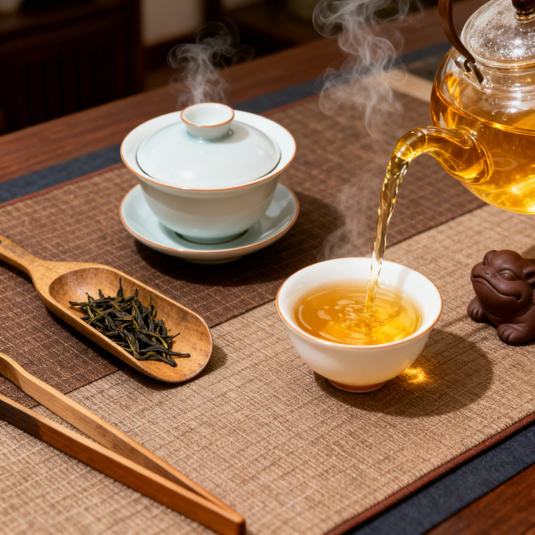 Pouring freshly brewed tea from a teapot into a white tea cup, with tea leaves and tea utensils on the table, in a traditional Chinese tea ceremony setting.