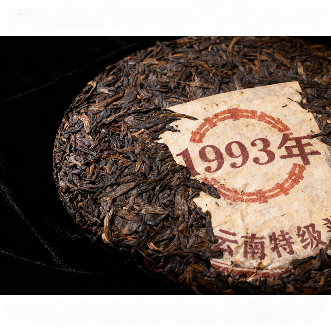 Close-up of 1993 aged Pu-erh tea cake with visible tea leaves and vintage wrapper