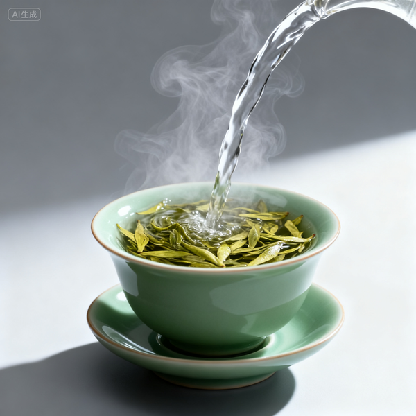 Steaming cup of green tea being brewed in a traditional porcelain gaiwan