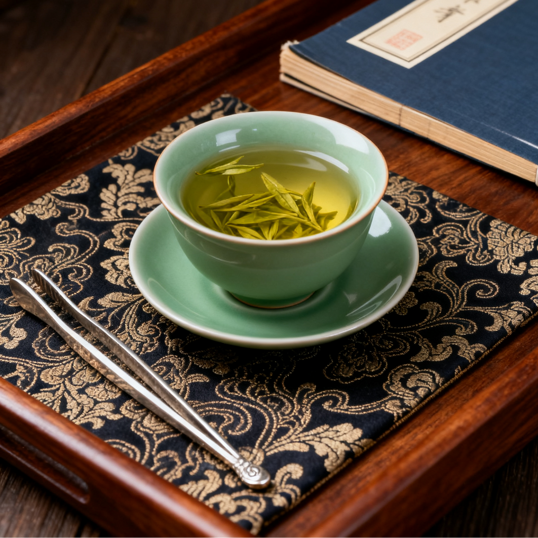 Green tea in a ceramic cup on a decorative mat with a book in the background, captured in an elegant tea setting.