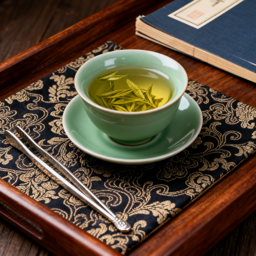 Green tea in a ceramic cup on a decorative mat with a book in the background.