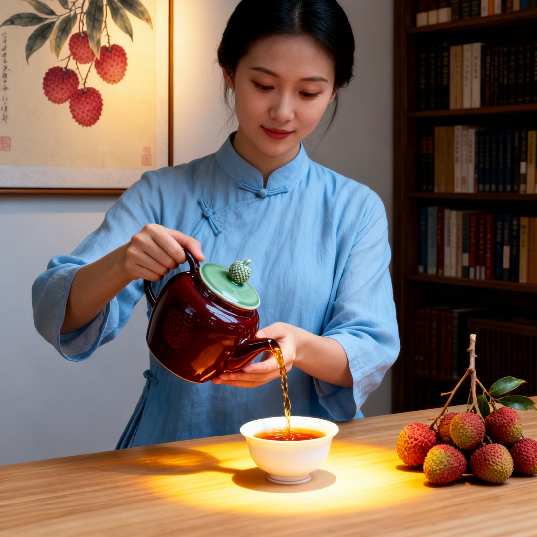 Brewed Imperial Lychee Fragrance Organic Black Tea in glass cup