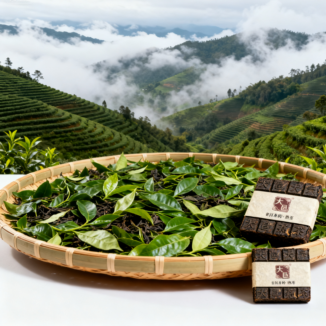 Premium Chinese tea leaves and compressed tea bricks in bamboo basket, with misty mountain tea plantations in background, organic high mountain tea