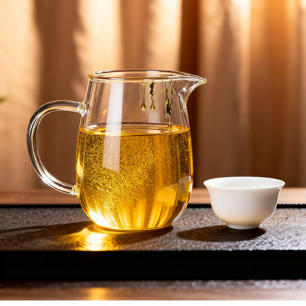 Transparent glass pitcher with freshly brewed Chinese tea and a small white porcelain teacup on wooden tea table