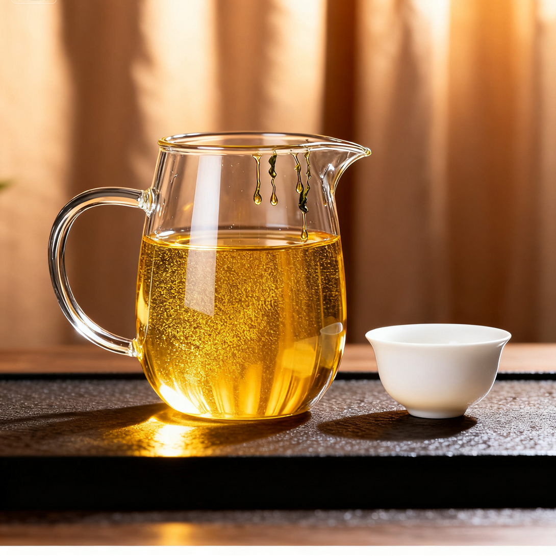 Glass pitcher with golden tea liquor and a white teacup on a tea tray
