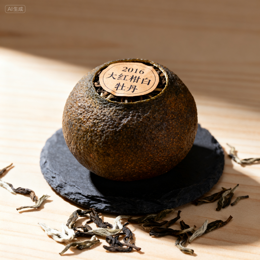 Aged citrus peel filled with white peony tea, used for brewing herbal tea