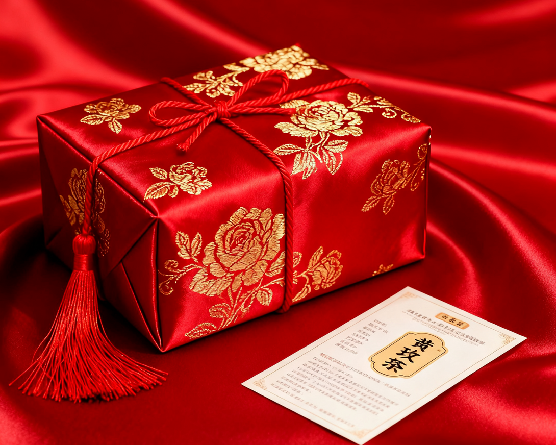 Red gift box with golden floral patterns and a tassel, alongside a product information card on a red satin background