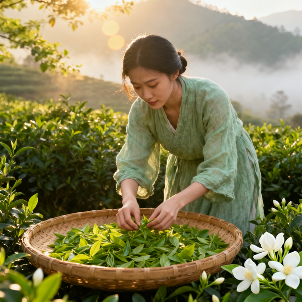 Chinese ceramic tea jar with loose jasmine green tea and fresh jasmine flowers on beige cloth background.