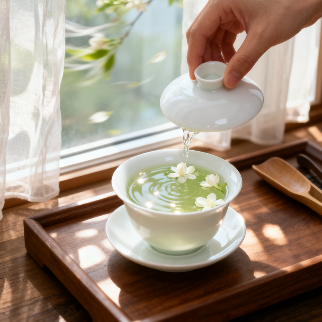Hand pouring jasmine green tea into porcelain teacup with floating flowers by window