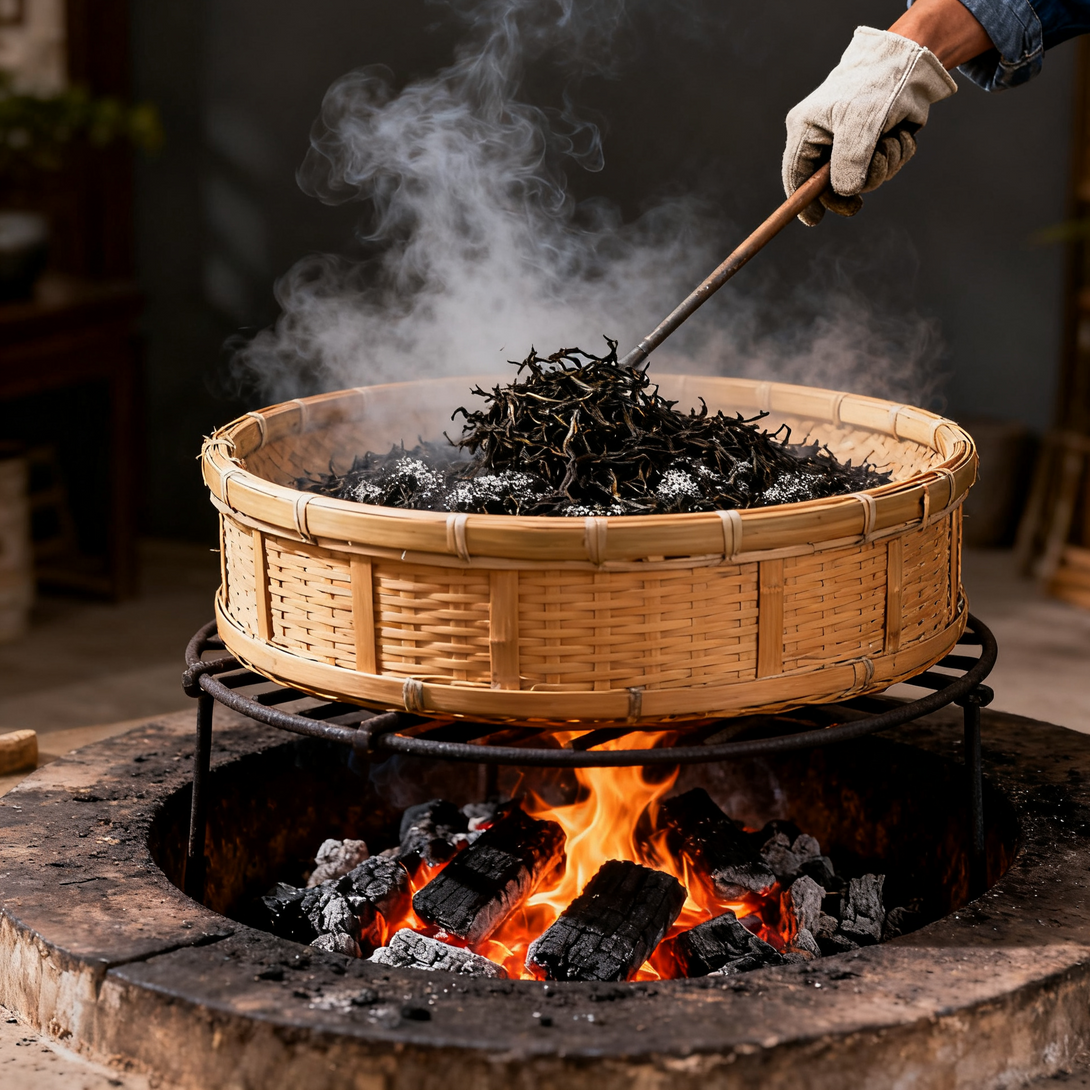 Tea leaves being roasted over an open fire in a traditional bamboo basket, with smoke rising from the fire