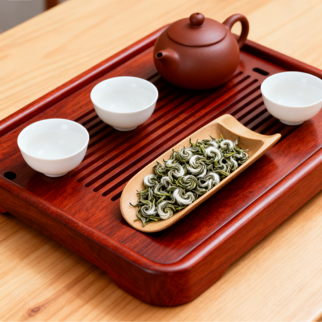 Tea set with a wooden tray featuring green tea leaves on a wooden table.