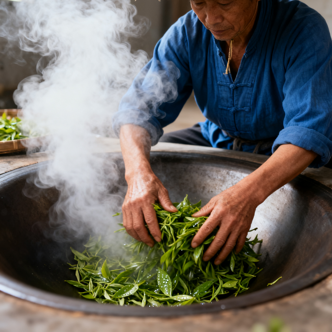 Tea master hand-roasting fresh tea leaves in a steaming iron wok