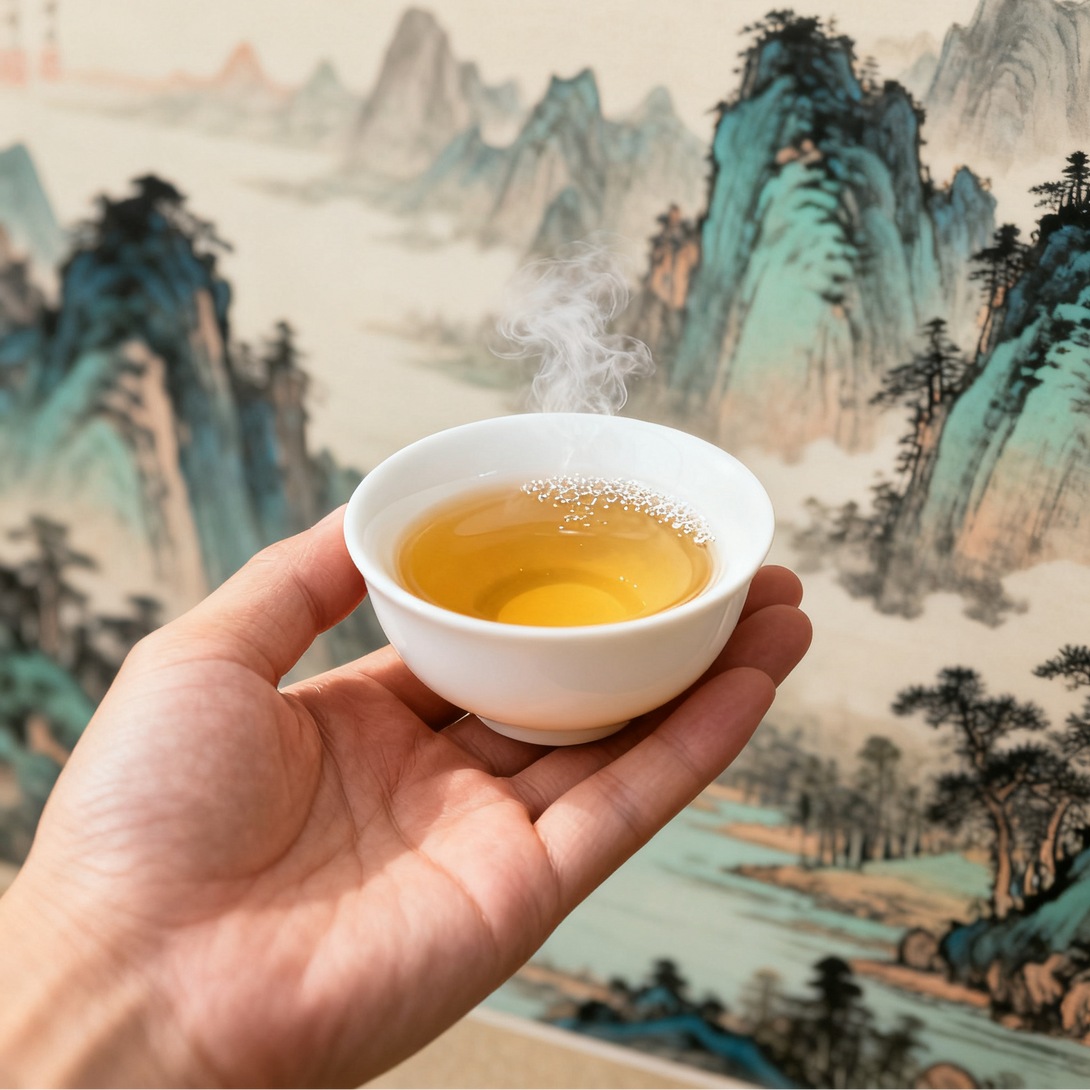Hand holding a steaming cup of tea with traditional Chinese landscape painting in the background