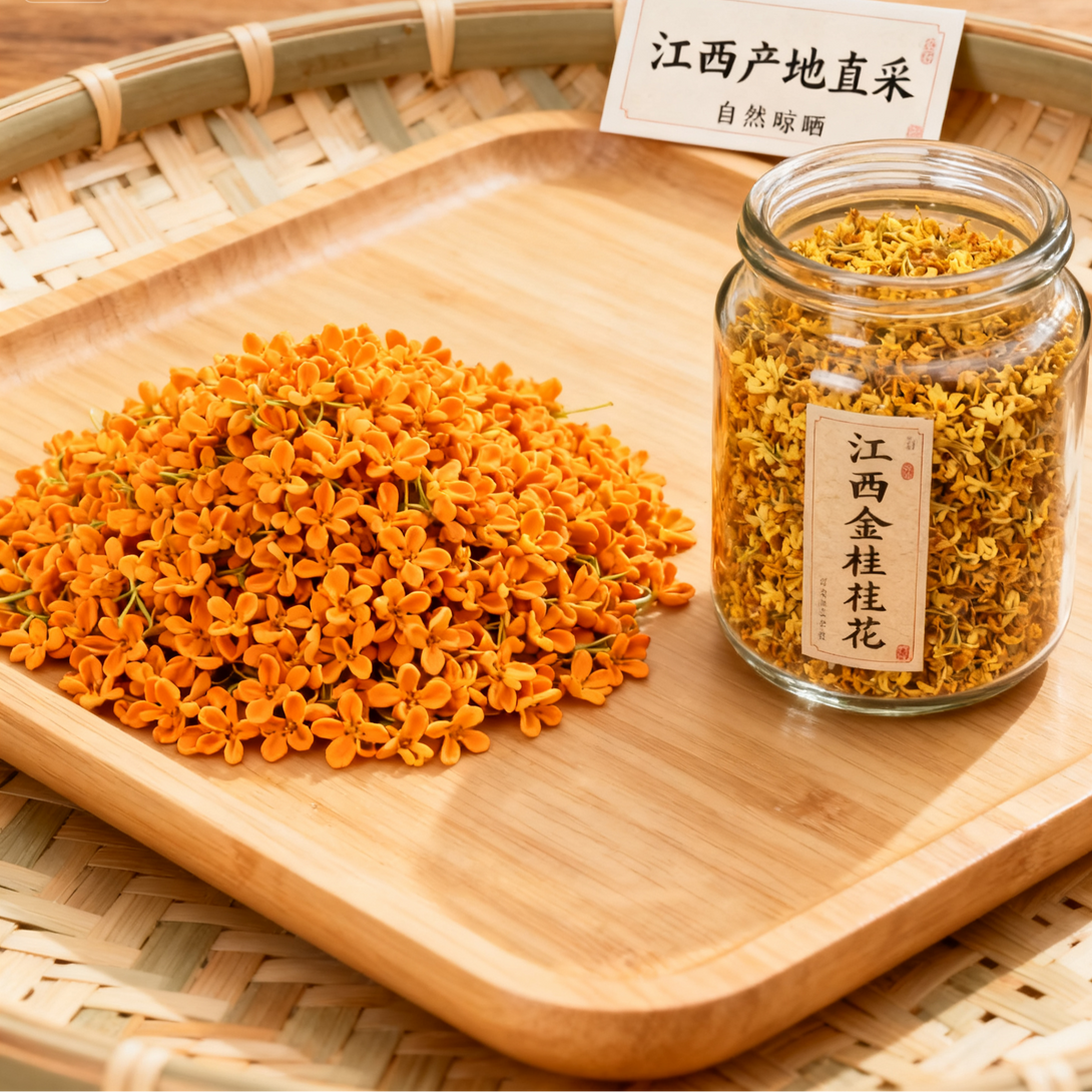 Fresh osmanthus flowers and jar of dried Jiangxi golden osmanthus for tea and herbal use
