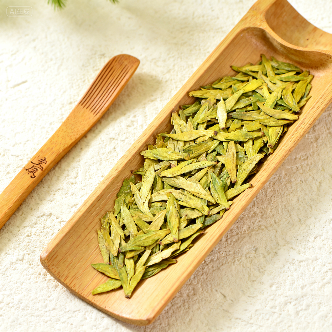 Traditional Chinese green tea served with bamboo tea utensils