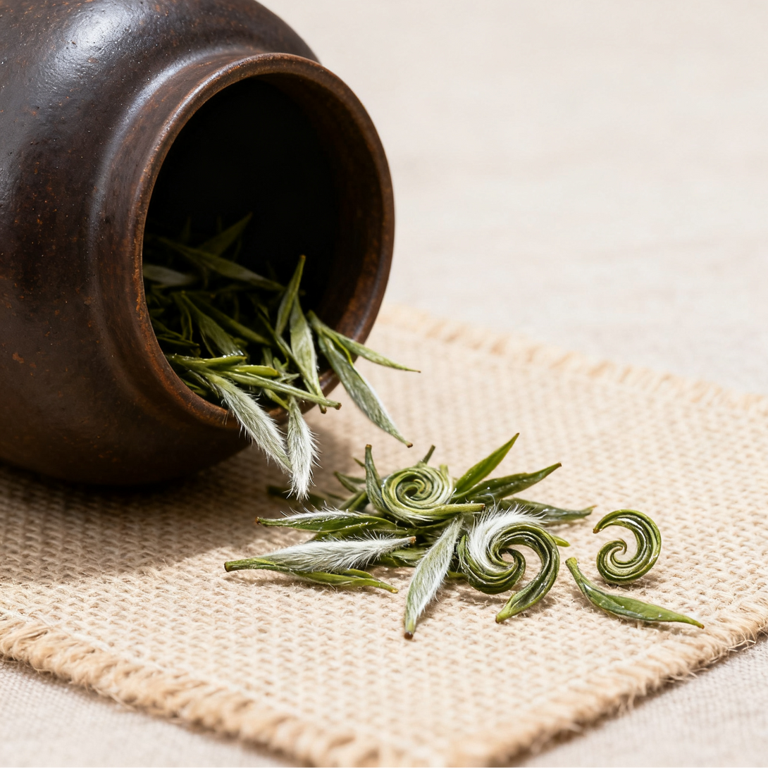 Loose green tea leaves spilling from a traditional clay teapot onto a woven mat