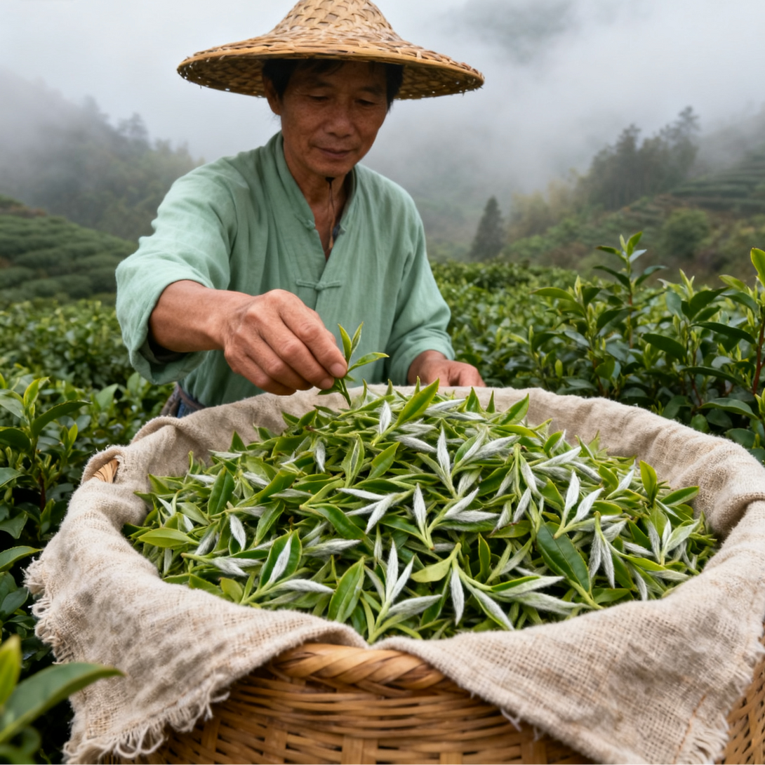 Chinese tea farmer handpicking fresh spring green tea leaves in a misty mountain tea plantation, bamboo basket full of tea buds