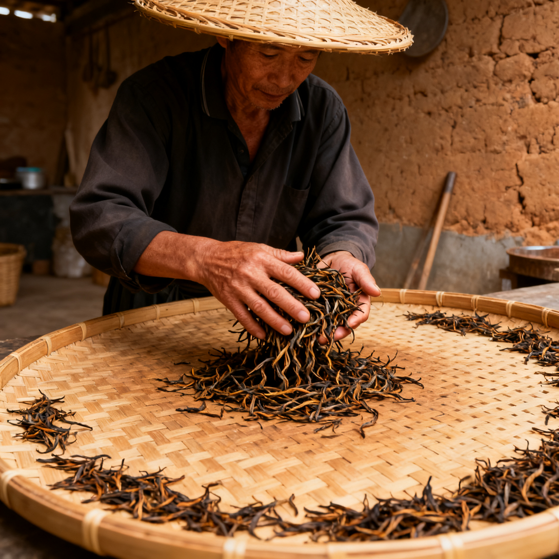 Brewed Dianhong black tea showing bright amber-red liquor
