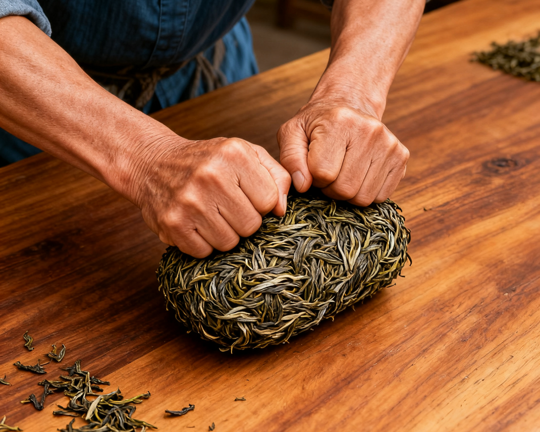 A close-up of hands pressing a large, tightly rolled ball of tea leaves on a wooden surface. The tea leaves are shaped into a dense, twisted ball, with some loose leaves scattered on the table around it. The scene highlights the intricate handcraft of tea preparation.