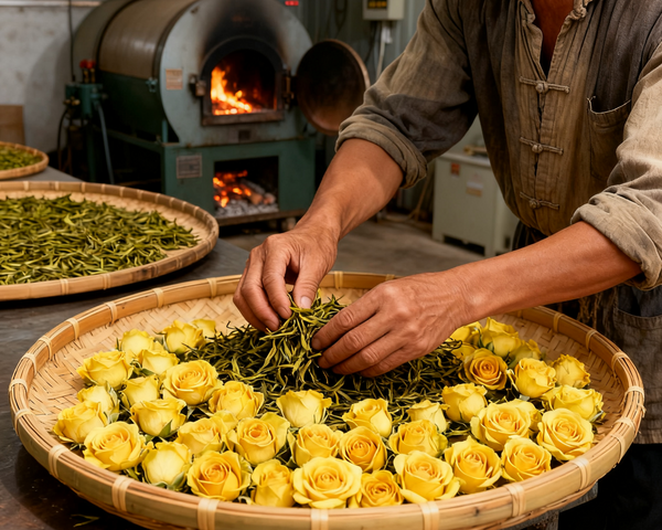 A person placing fresh tea leaves onto a tray of yellow roses, with a tea-processing machine and firewood visible in the background.