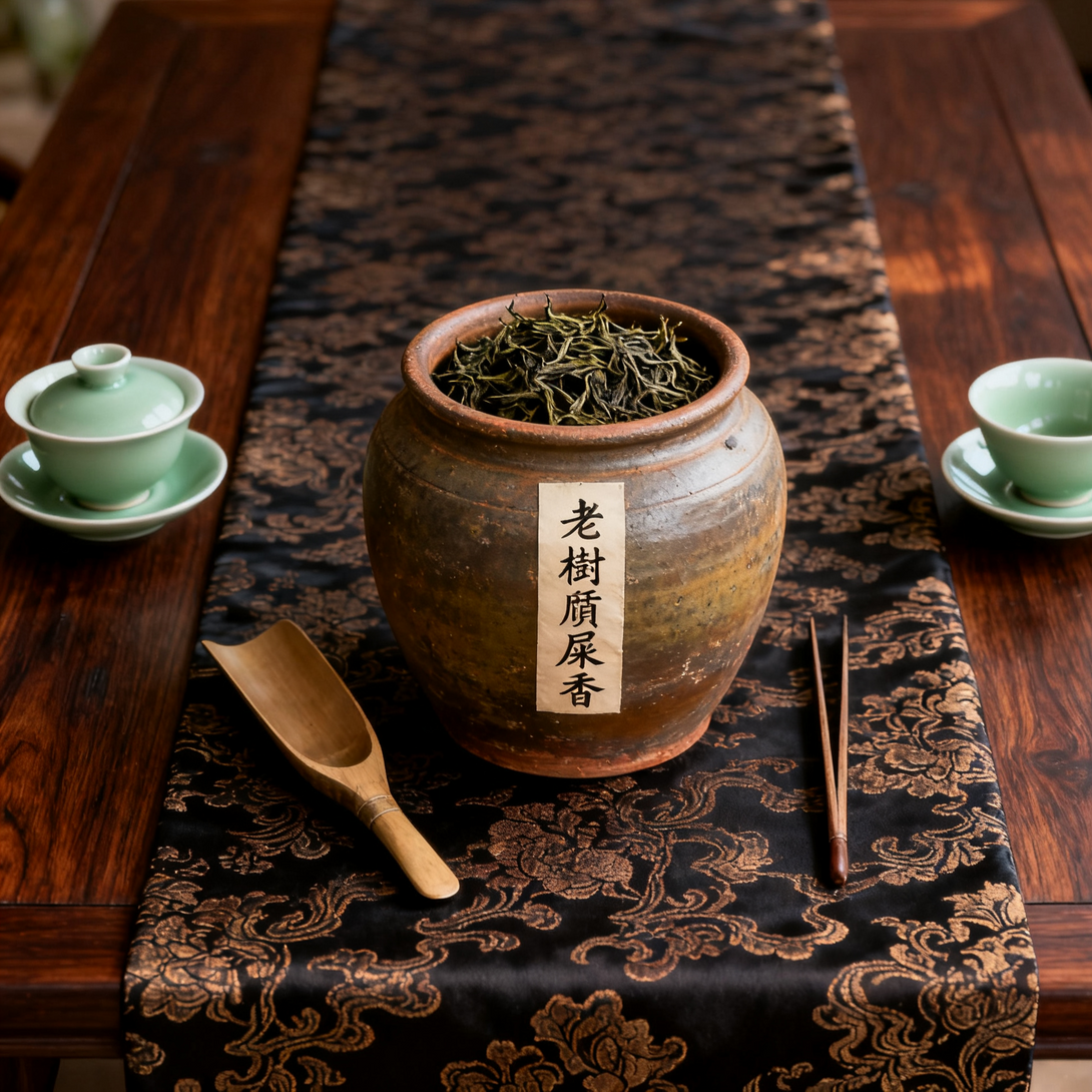 A rustic ceramic jar filled with tea leaves, labeled with traditional Chinese characters, is placed on an intricately patterned black and gold table runner. Two green tea cups sit beside the jar, and a wooden spoon and chopsticks are nearby, creating a peaceful and refined tea preparation scene.