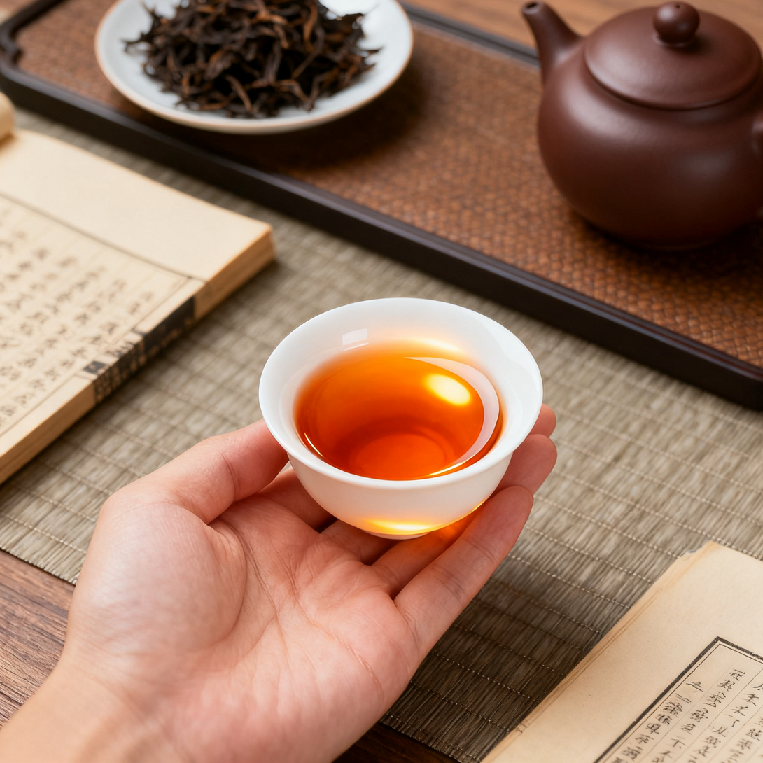 A hand holding a cup of freshly brewed tea on a tea set with a teapot, tea leaves, and an open book, set on a textured mat.