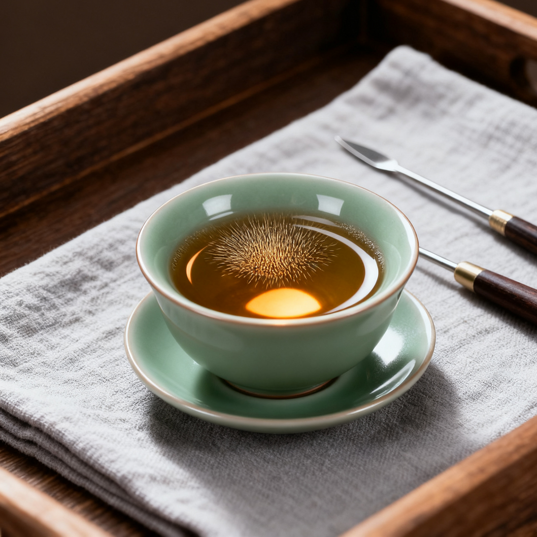 Close-up of a green tea cup filled with freshly brewed tea, resting on a saucer, with chopsticks beside it on a linen cloth.