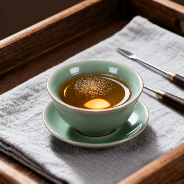 Close-up of a green tea cup filled with freshly brewed tea, resting on a saucer, with chopsticks beside it on a linen cloth.