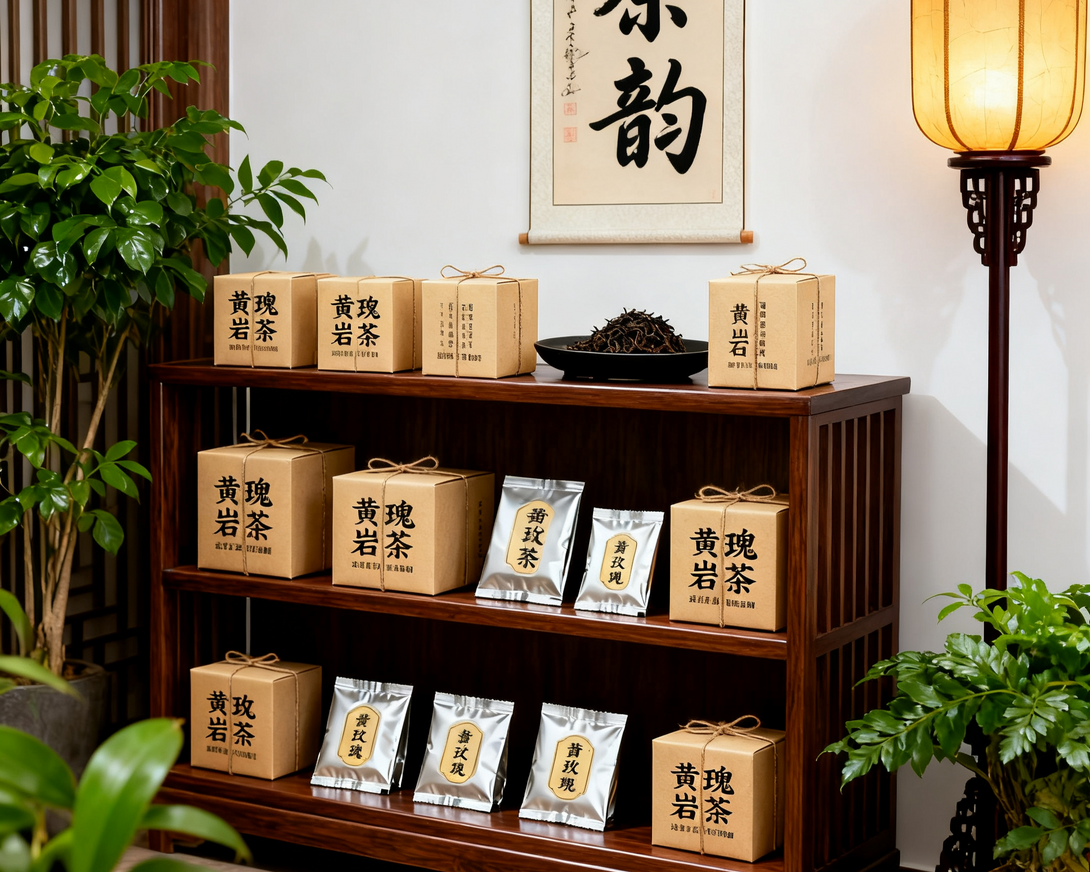 Tea packaging displayed on a wooden shelf with plants and a traditional lamp in the background. The packages are labeled with different types of tea, including 'Yellow Rock Tea' and other premium tea varieties.