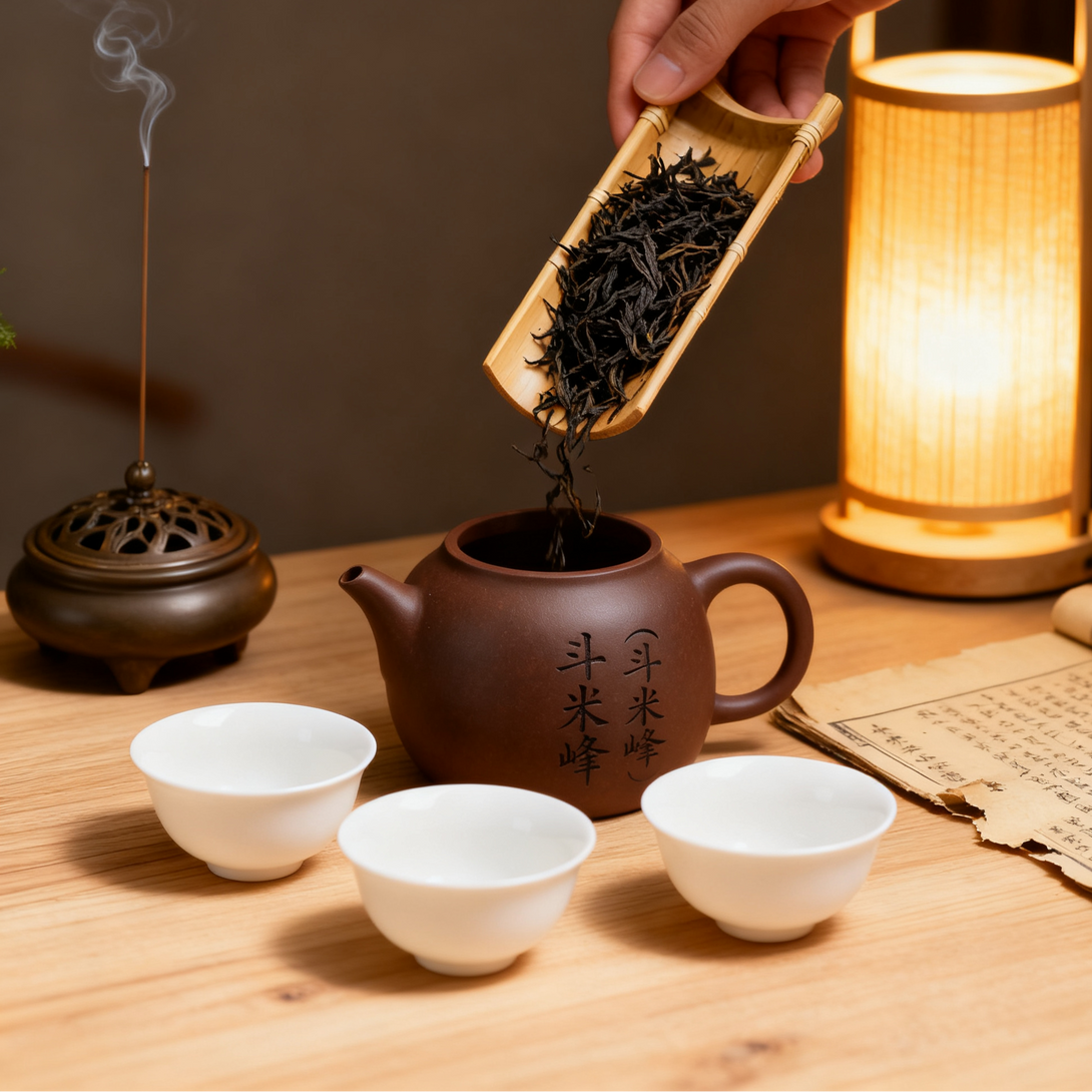 Hand pouring Doumifeng tea leaves from bamboo scoop into clay teapot with three white cups, incense burner and warm lamp on wooden tea table