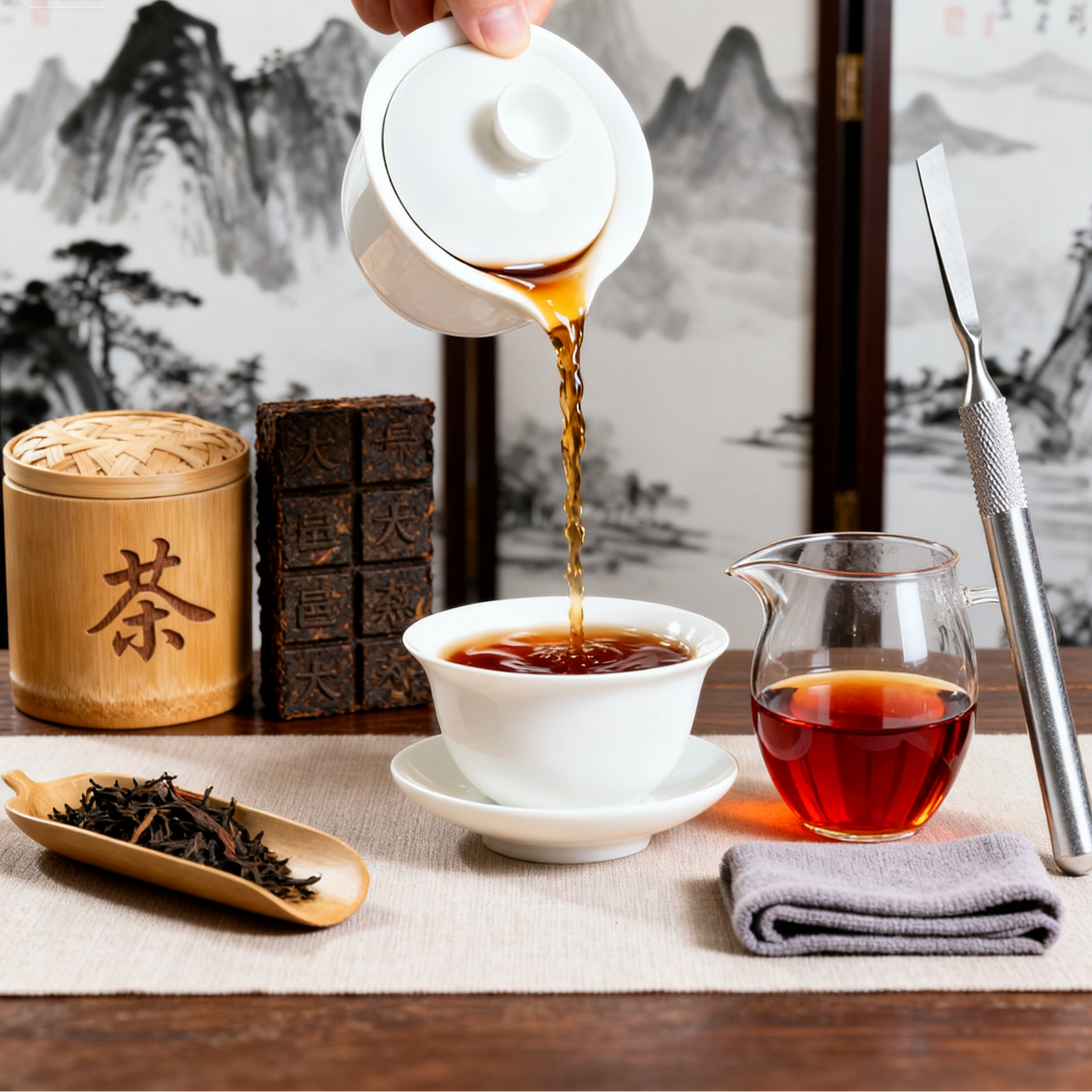 Traditional Chinese tea ceremony with Pu-erh tea brick, bamboo tea canister, gaiwan pouring tea into cup, glass fairness pitcher, and stainless steel tea knife on tea table with ink painting background