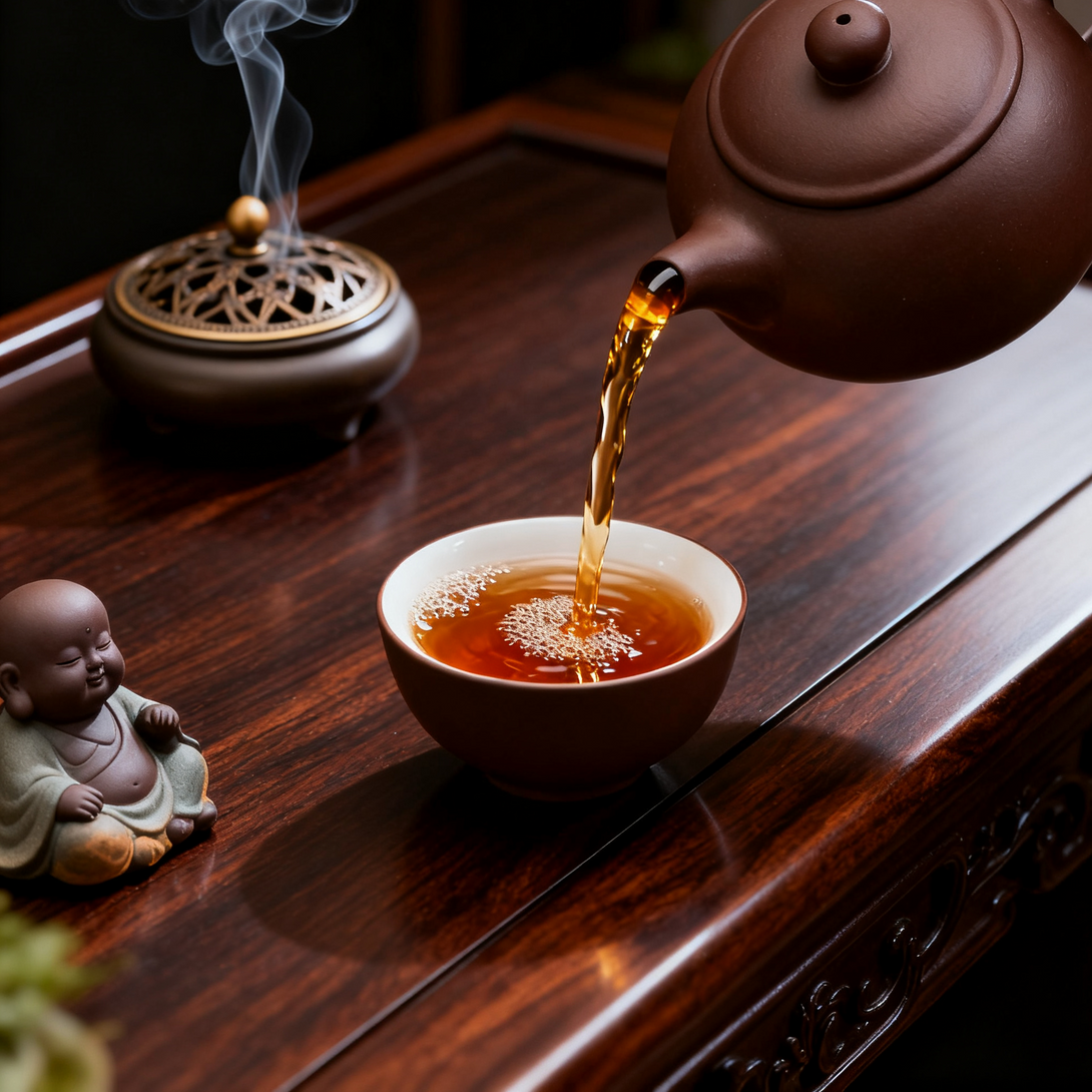 Traditional teapot pouring dark Pu-erh tea into a cup on wooden tea table with incense burner and Buddha figurine.