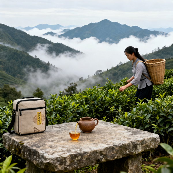 Woman harvesting tea leaves in the mountains with a teapot and tea cup on a stone table