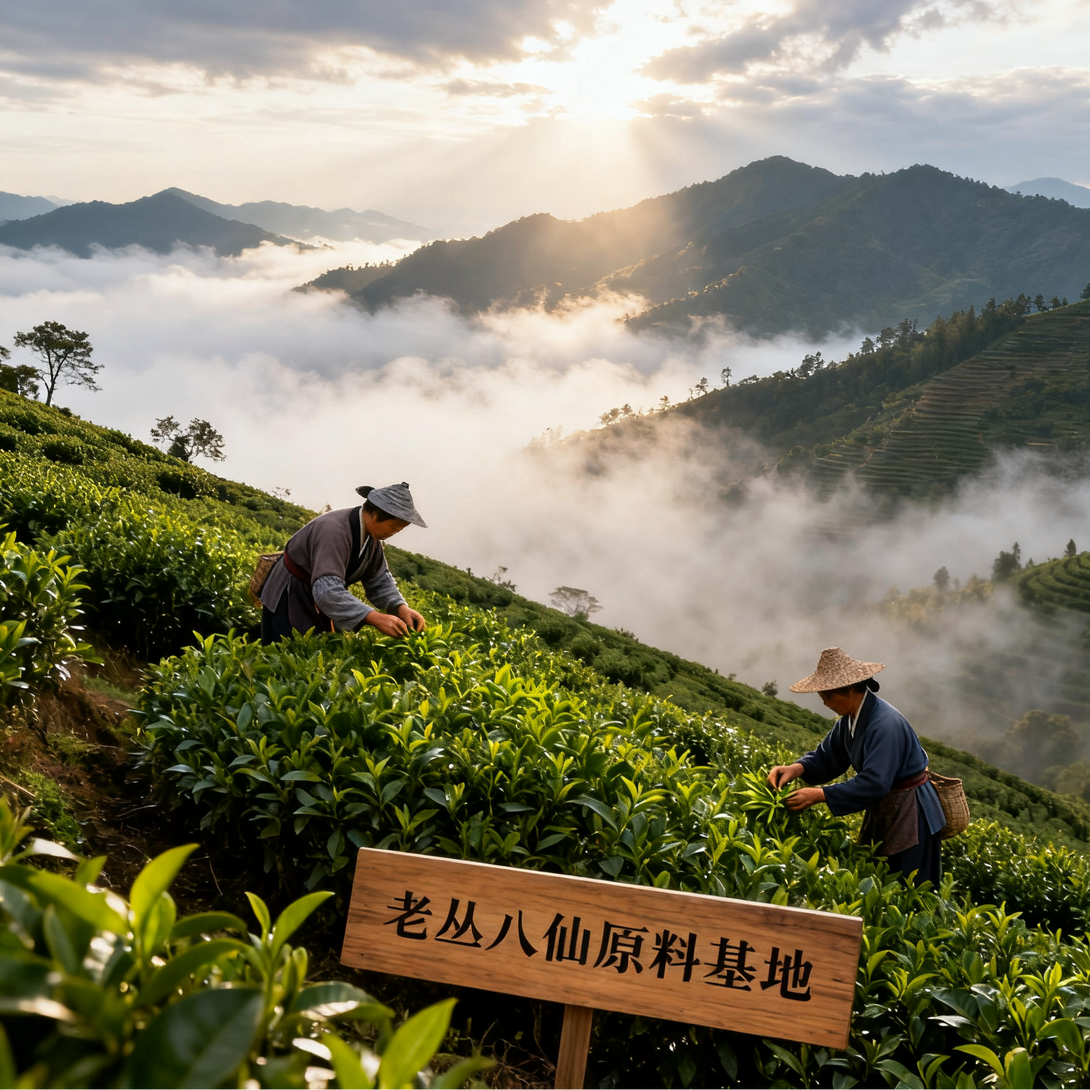 Two people picking tea leaves in a misty tea plantation, with a sign reading 'Origin of Immortal Tea' in the foreground.