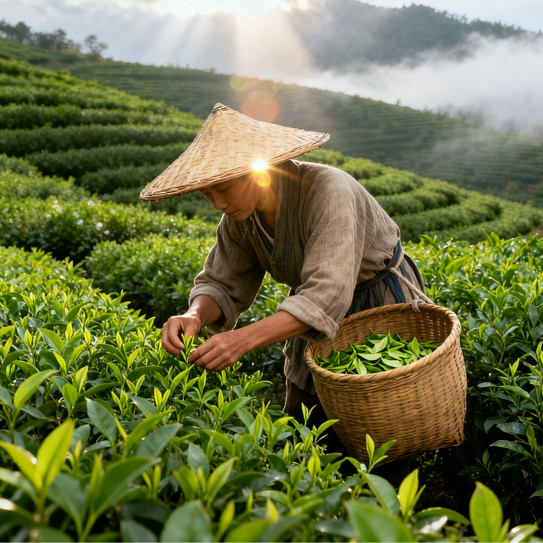 Traditional tea farmer harvesting fresh green tea leaves in a scenic mountain tea plantation at sunrise, wearing a bamboo hat and carrying a basket