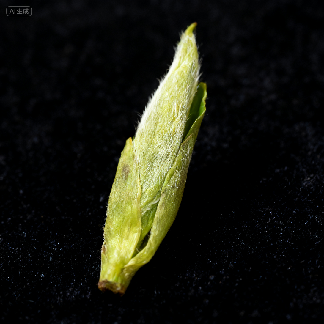 High-resolution detail of fresh tea bud showing fine trichomes against dark backdrop