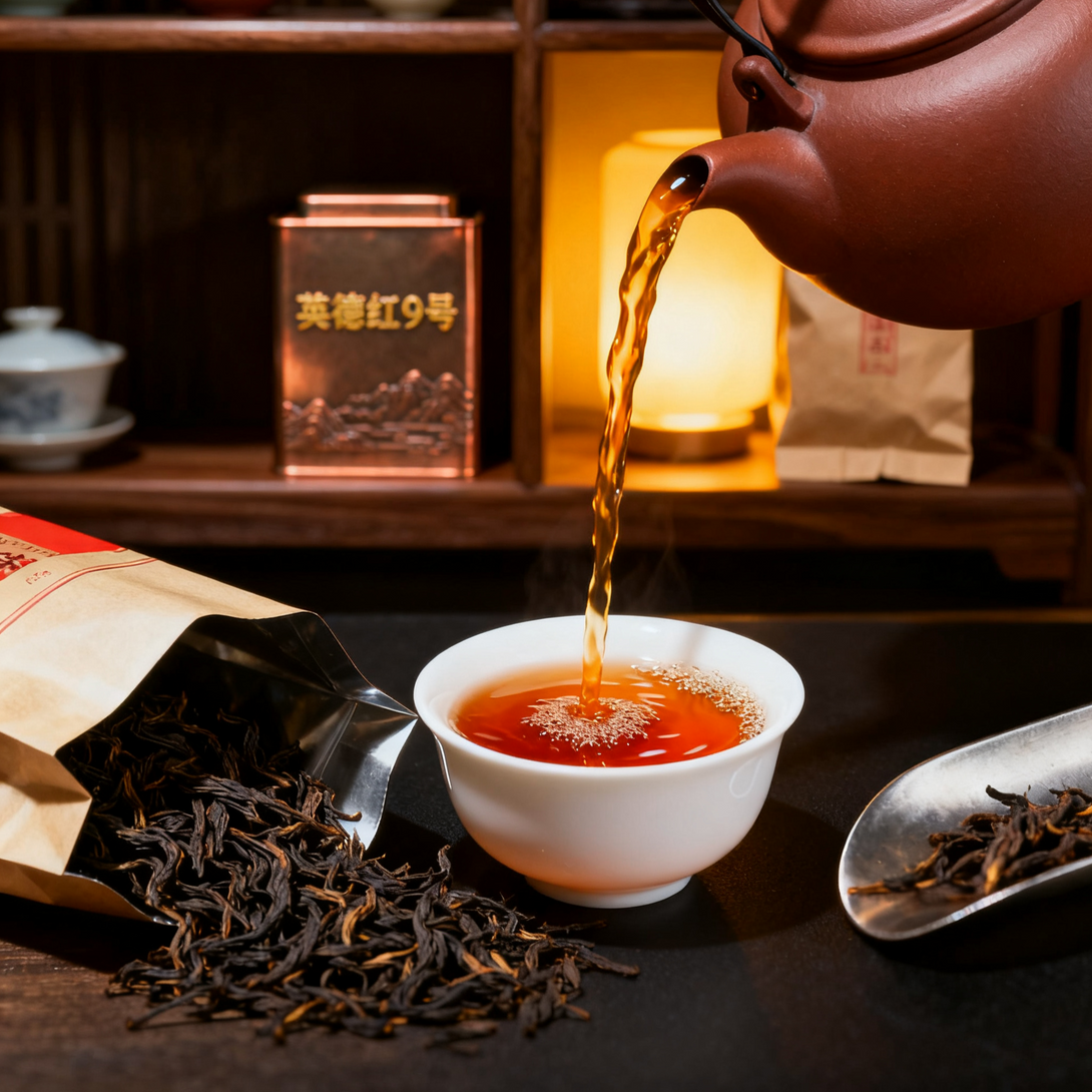 Yingde black tea No.9 being poured from a clay teapot into a white porcelain cup, with loose leaf black tea and packaging on the table.