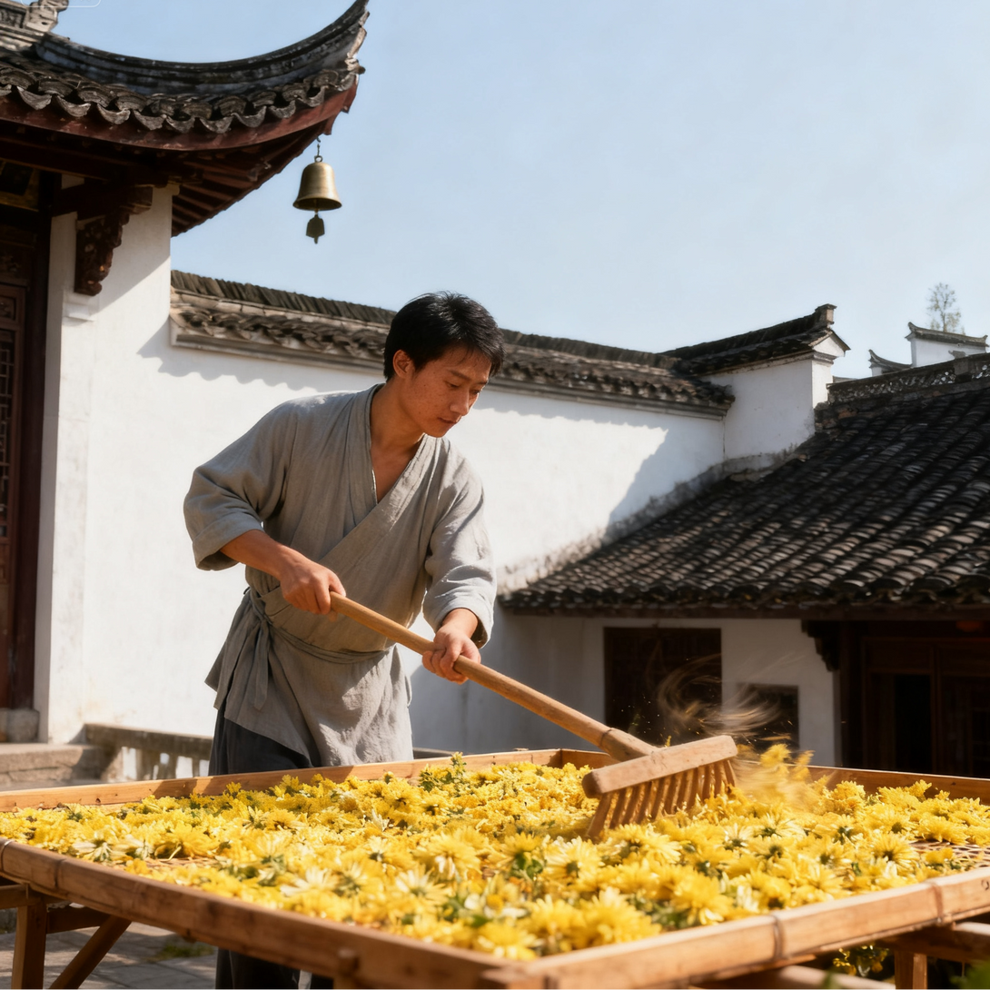 Brewed Golden Royal Chrysanthemum Herbal Tea in glass cup