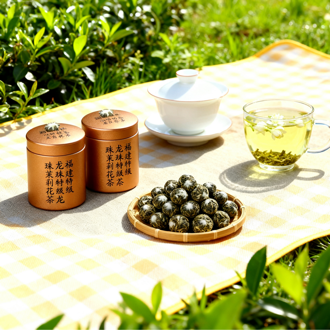 A peaceful tea setup with tea tins, a wooden bowl of tea leaves, and a cup of tea on a yellow mat, set against a backdrop of lush greenery