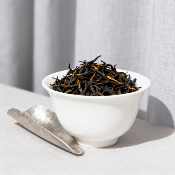 Close-up of dried tea leaves in a white bowl with a metal tea scoop beside it