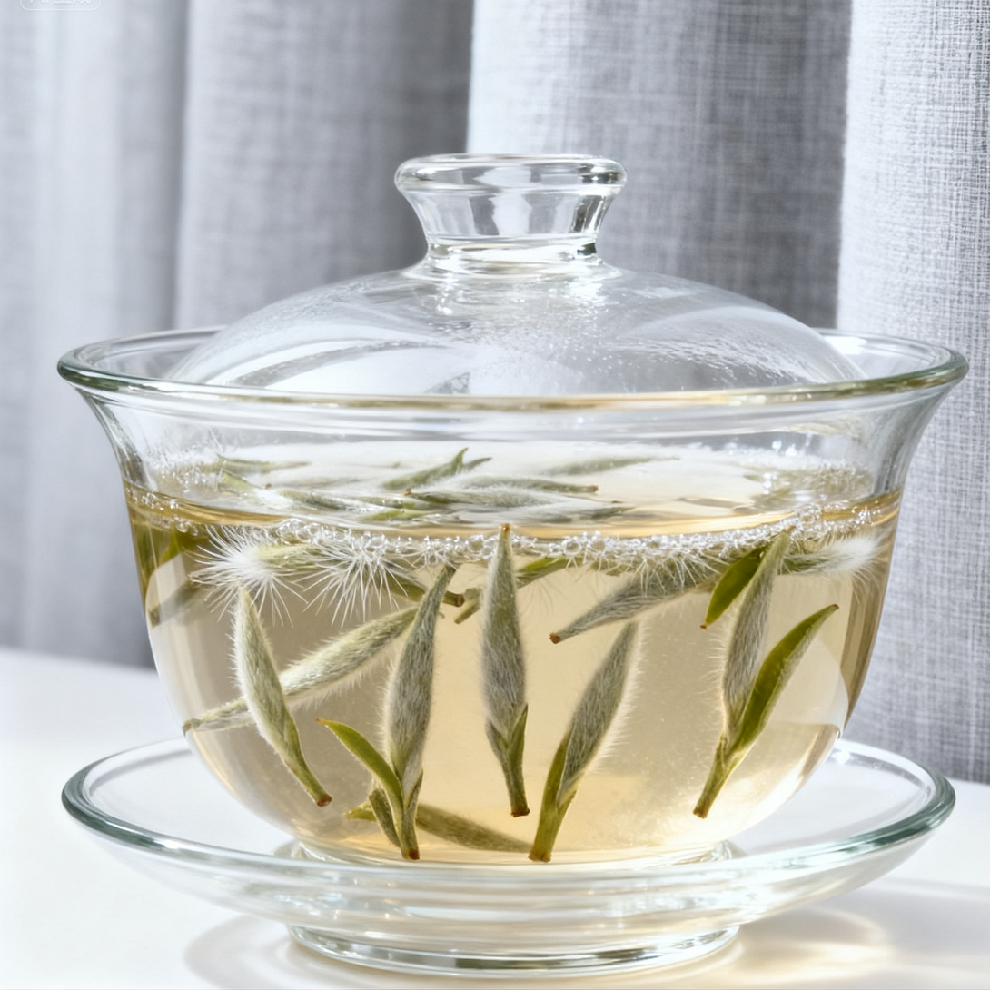 Premium Silver Needle white tea brewing in a clear glass gaiwan, showing fresh tea buds and golden liquor