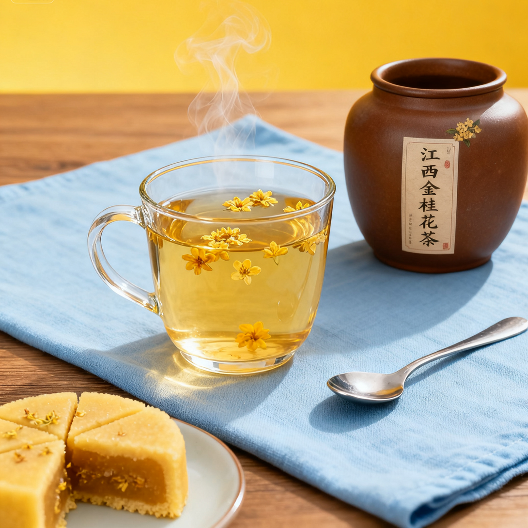 Glass cup of hot osmanthus tea with traditional jar labeled Jiangxi golden osmanthus tea and sweet osmanthus cake